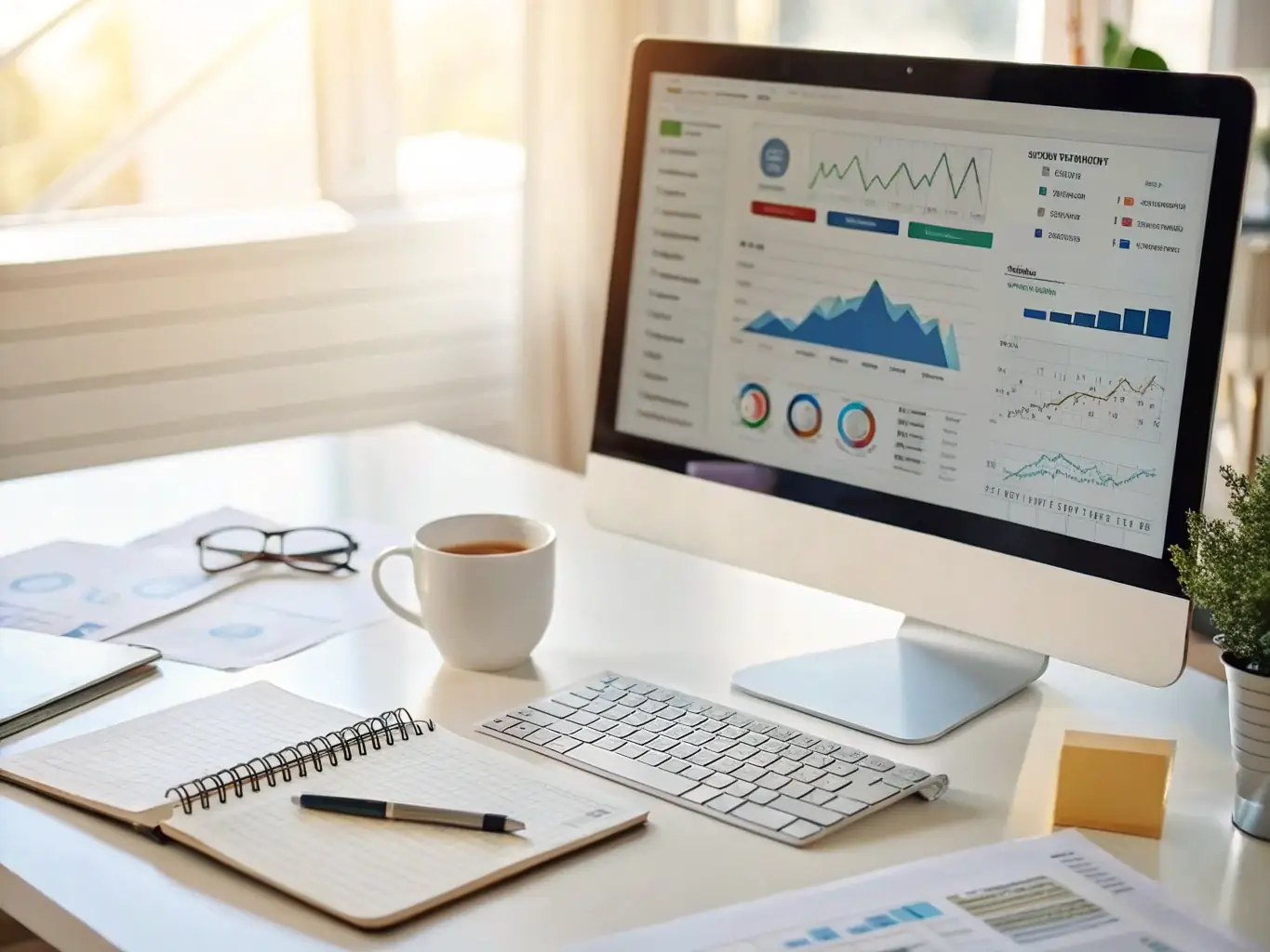 An image of an AI-powered SEO tool analyzing website keywords and providing optimization suggestions, displayed on a laptop screen.