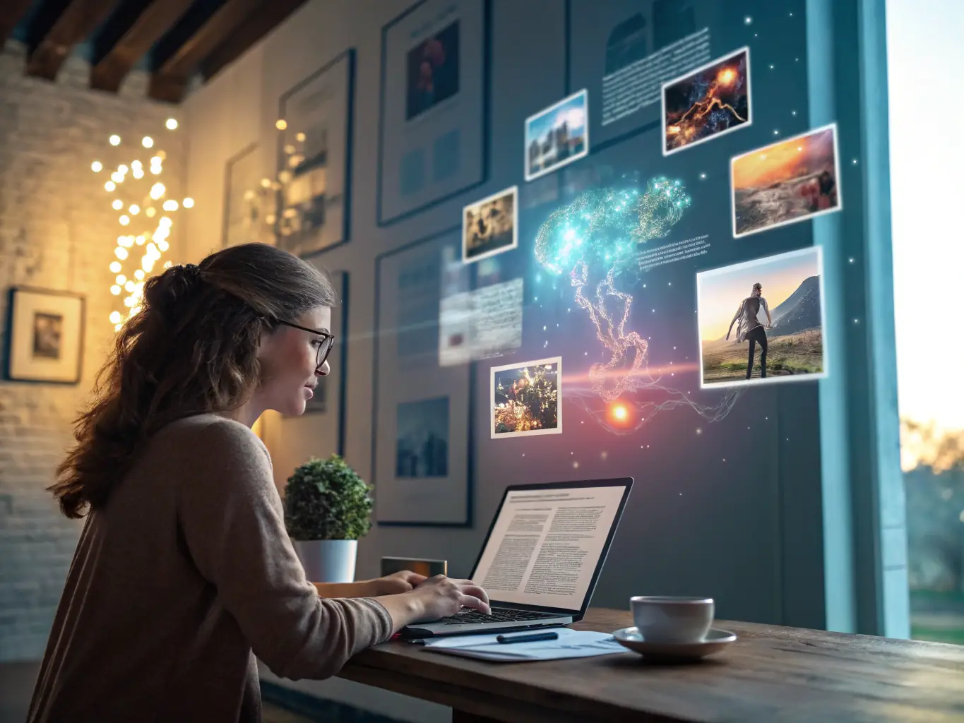 A digital illustration showcasing an AI-powered content creation tool generating blog posts, with various icons representing different aspects of content creation such as writing, editing, and publishing.