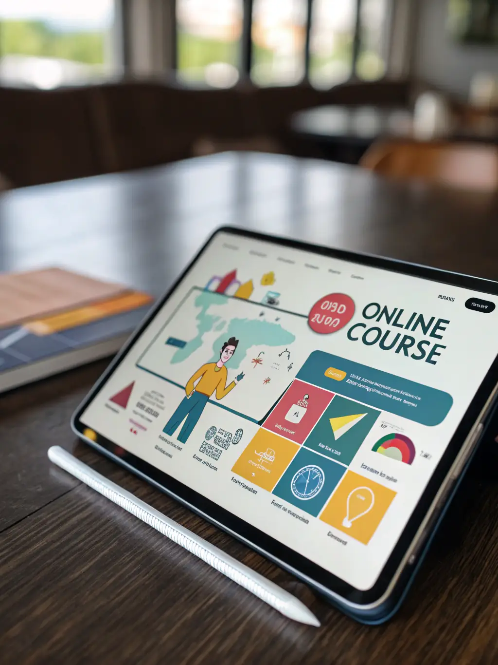 A mockup of a digital course interface on a tablet, displaying video lessons and downloadable resources, with the BuzzAscent branding.