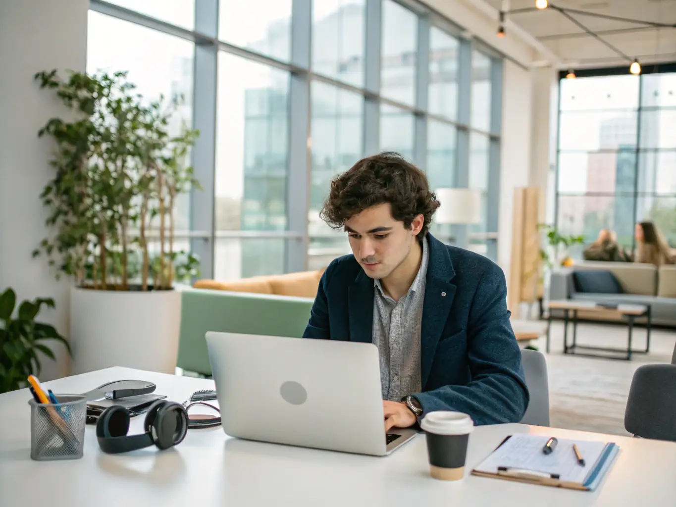A vibrant image showcasing a person working on a laptop, surrounded by digital icons representing various resources like ebooks, templates, and online courses, set in a modern, well-lit office environment.