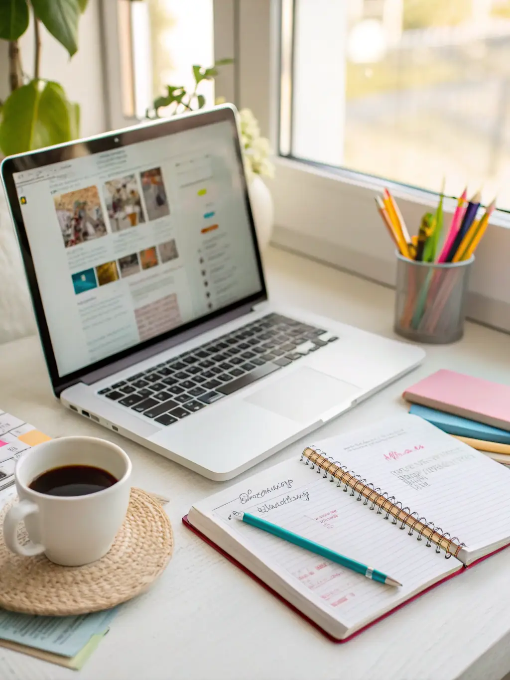 A clean and organized template for social media planning, displayed on a laptop screen, showing a weekly schedule with content ideas.