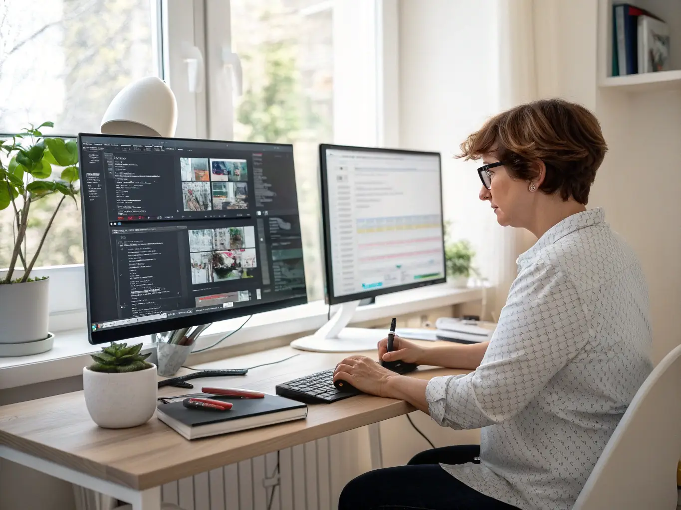 A person is efficiently managing multiple tasks on a computer, utilizing various productivity tools and techniques, showcasing the ability to streamline workflows and achieve more in less time.