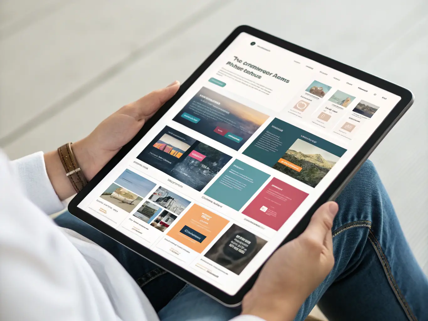 An image featuring a collection of professionally designed templates for social media, presentations, and marketing materials, displayed on a tablet screen with a clean, minimalist background.