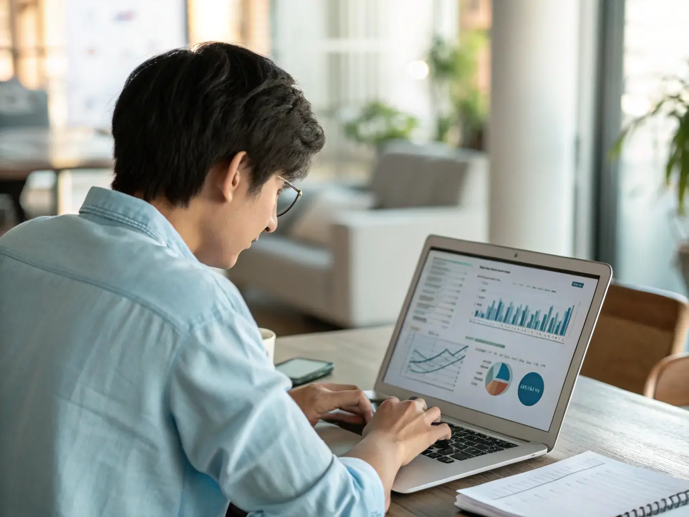 A focused digital entrepreneur is working on their laptop, deeply engaged in an online course about digital marketing strategies, with charts and data visible on the screen, symbolizing learning and growth.